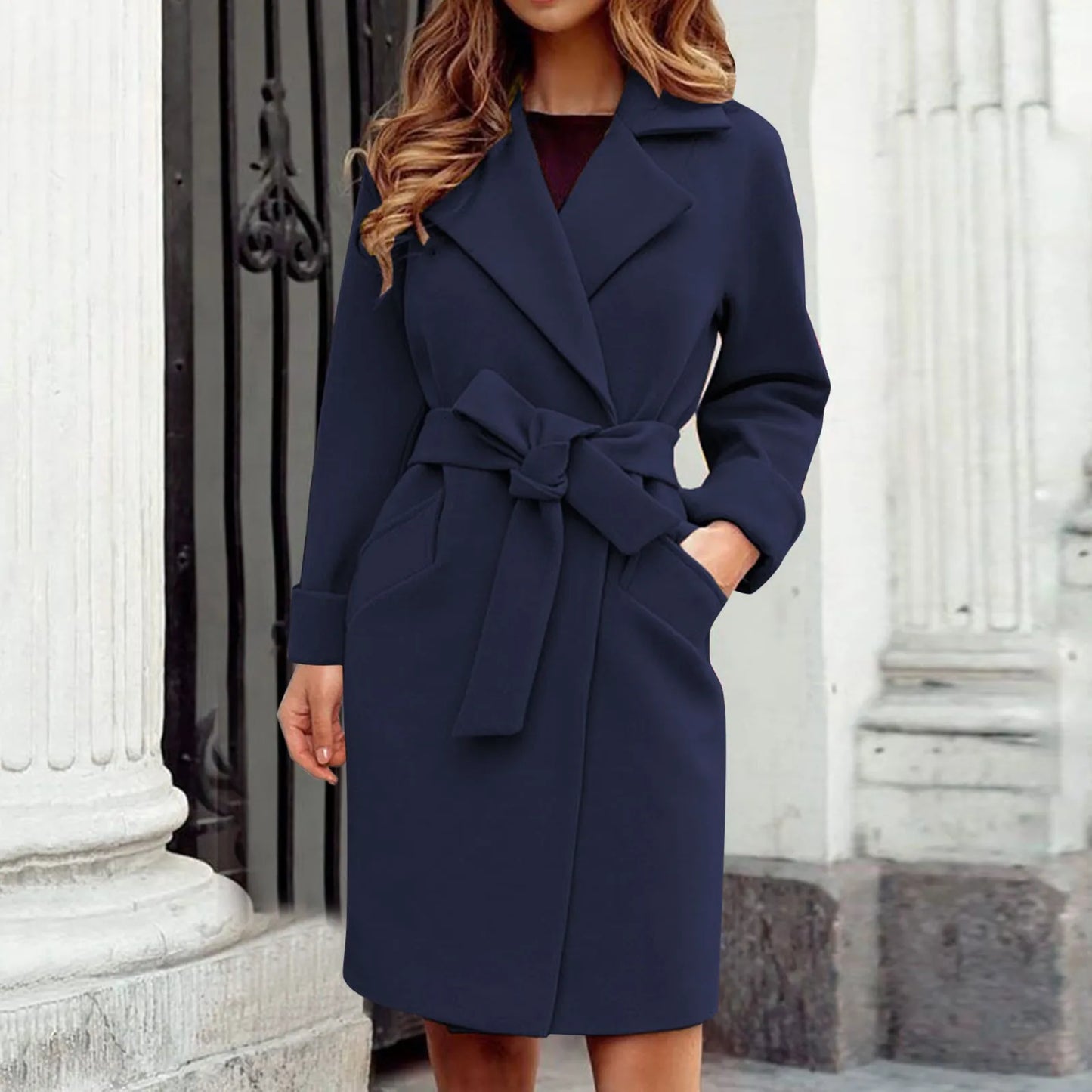 Women Hot Pink Trench Coat Casual Mid Long Overcoat Lapel Open Front Cardigan Outwear Woolen Boot Winter Jackets for Women