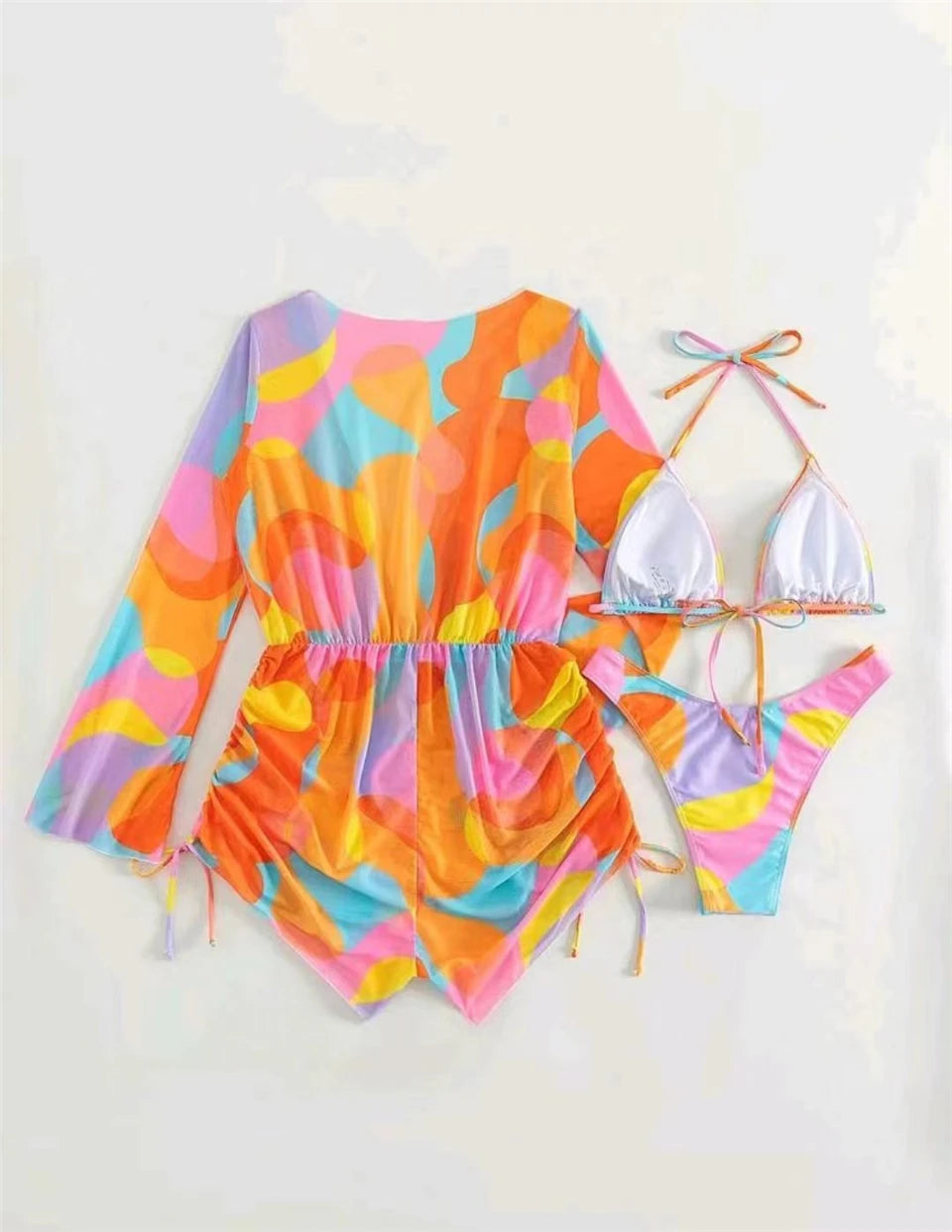 3 pieces Halter Bikini Tropical Print Swimsuit Drawstring Side Swimwear Women Long Sleeve Bathing Suit Female Swimming Beachwear