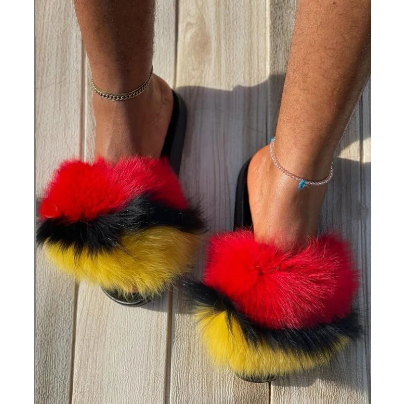 Rainbow Fur Slides Women's Furry Plush Raccoon Fox Fur Slippers Indoor Flat Non-Slip Summer Beach Flip Flops Large Size Sandals