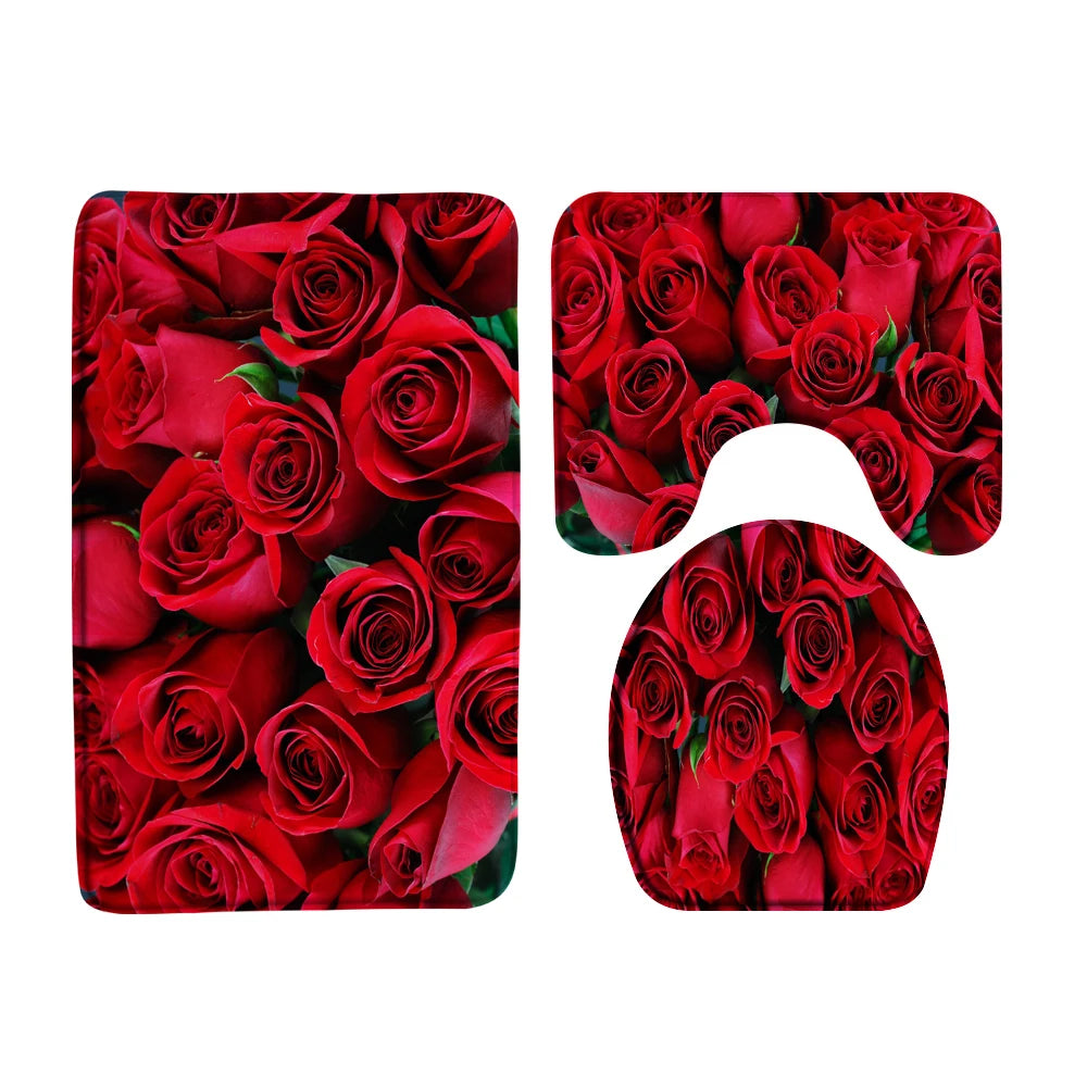 Butterfly Rose Flower Printed Waterproof Bathroom Shower Curtain Set Non-Slip Bath Mat Rug Sets Toilet Cover Bathroom Decor