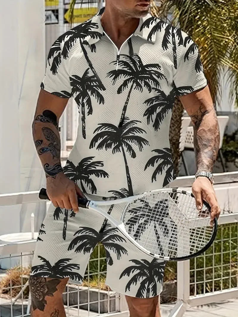 Zipper Shirt Shorts Set Summer Fashion Casual Men's Sports Set 3D Printed Simple Style Lapel Zipper Shirt 2 Sets