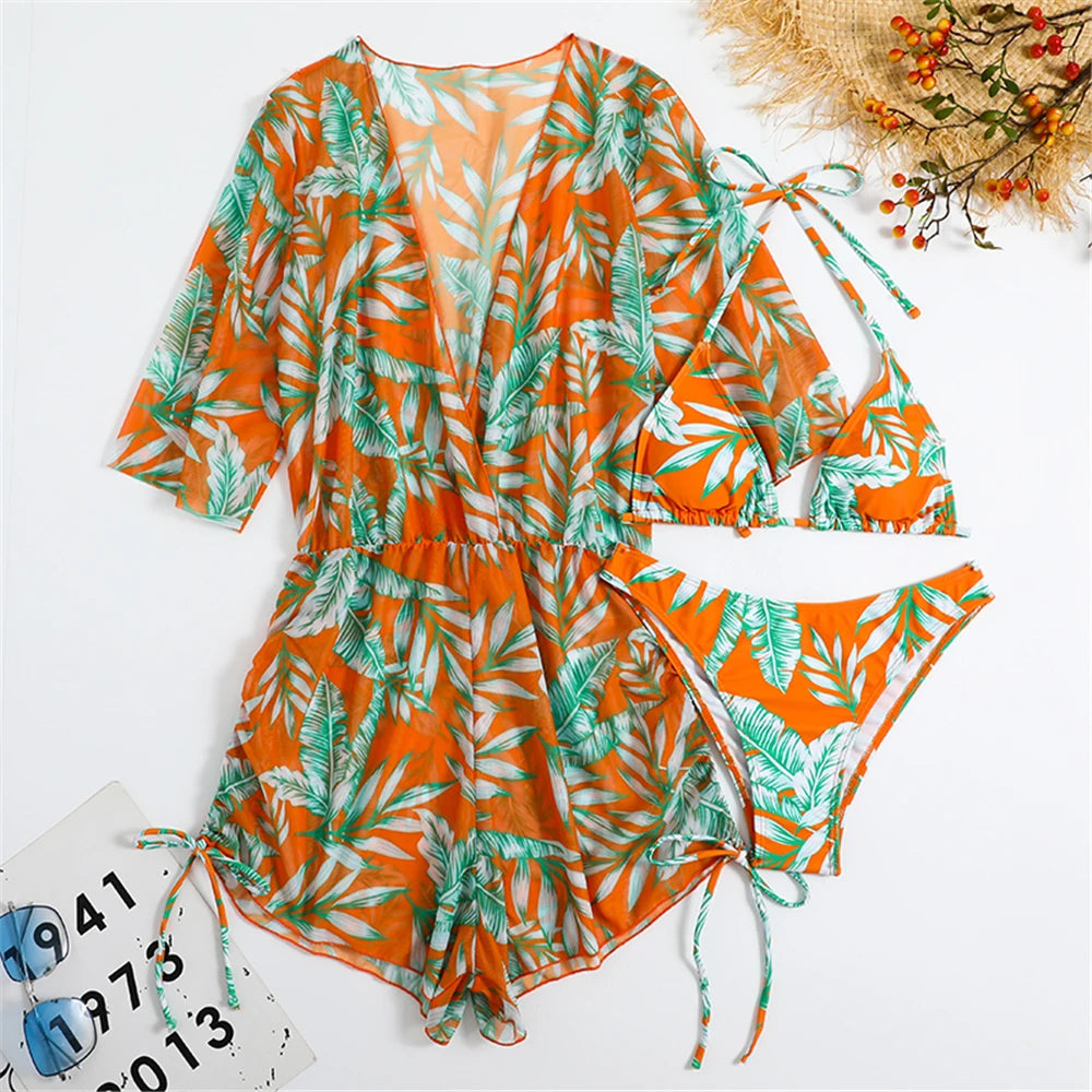 3 pieces Halter Bikini Tropical Print Swimsuit Drawstring Side Swimwear Women Long Sleeve Bathing Suit Female Swimming Beachwear