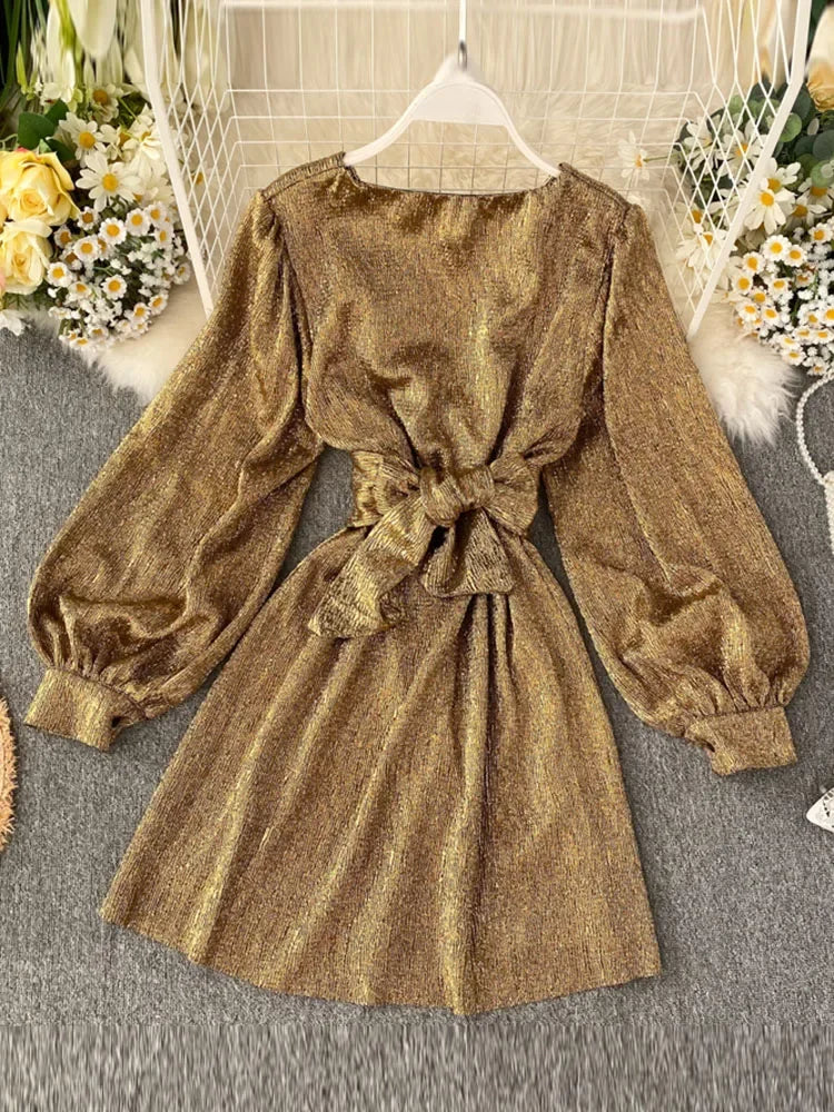 Spring Autumn Women's Bright Color Dress V-neck Lantern Sleeve Gold Bright Silk Lace Retro Dress Female Sexy Party Dress GD205