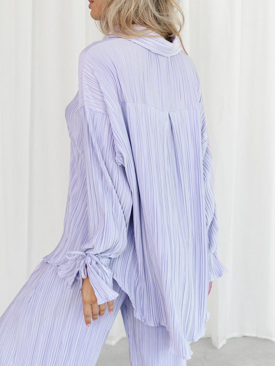Women's Two-piece Pleated Pants Sets Chic Solid Color Long Sleeve Button Down Shirts with Straight Leg Trousers Casual Style