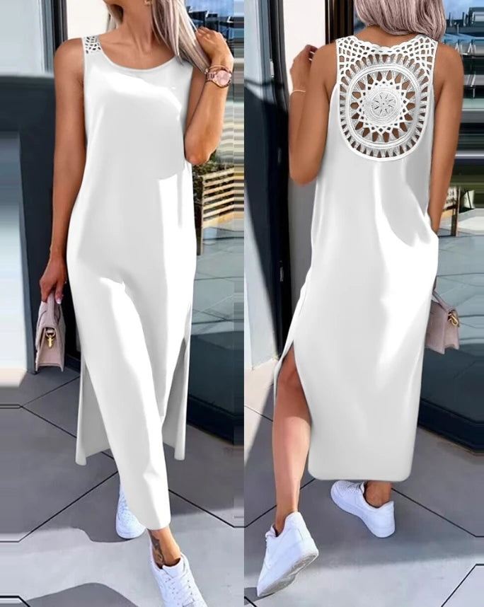 Women's Sleeveless round Neck Mid-Calf Dress Summer 2024 Fashion Slit Hollow-Out Casual Straight Dress for Daily Wear