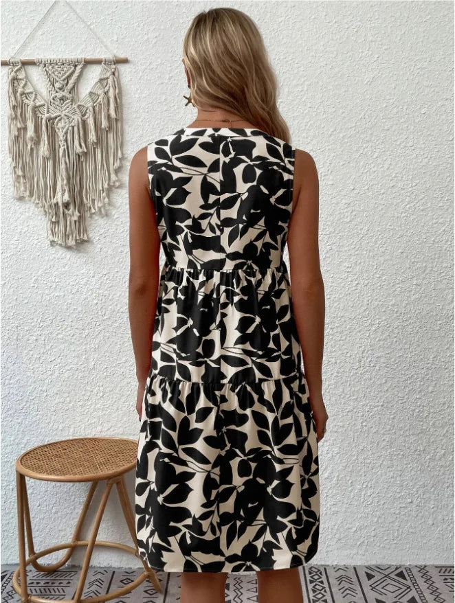 Fashion V-neck Sleeveless Boho Print Mini Dress Women Summer Casual Loose Pleats Short Dresses For Women Vestidos