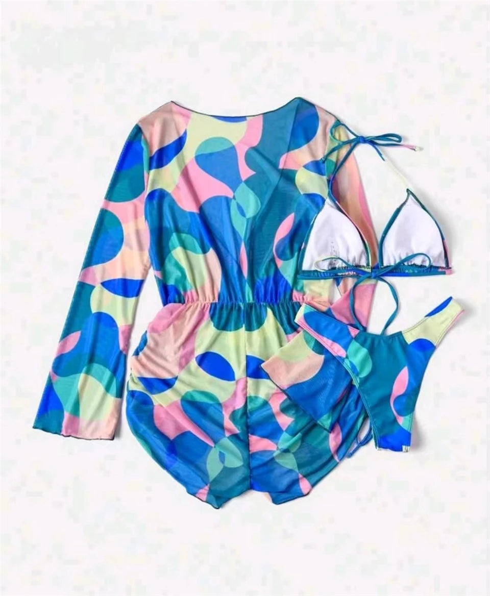 3 pieces Halter Bikini Tropical Print Swimsuit Drawstring Side Swimwear Women Long Sleeve Bathing Suit Female Swimming Beachwear