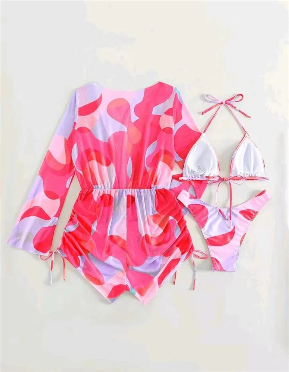 3 pieces Halter Bikini Tropical Print Swimsuit Drawstring Side Swimwear Women Long Sleeve Bathing Suit Female Swimming Beachwear