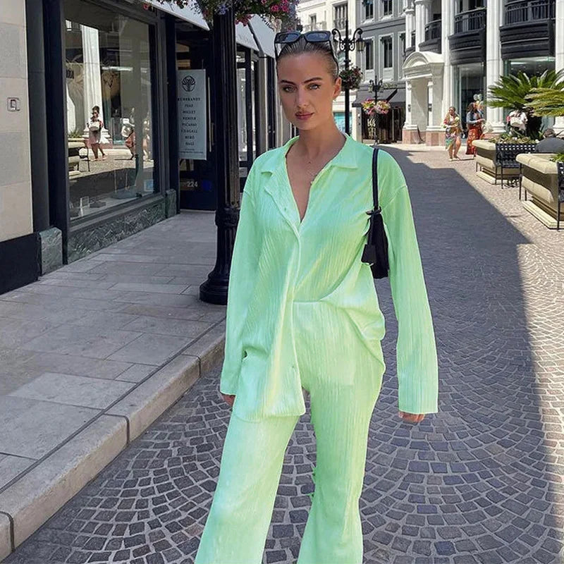 New Spring And Autumn Suit Women's Pleated Lapel Shirt Loose Casual Suit Solid Color Drape Pleated Casual Suit