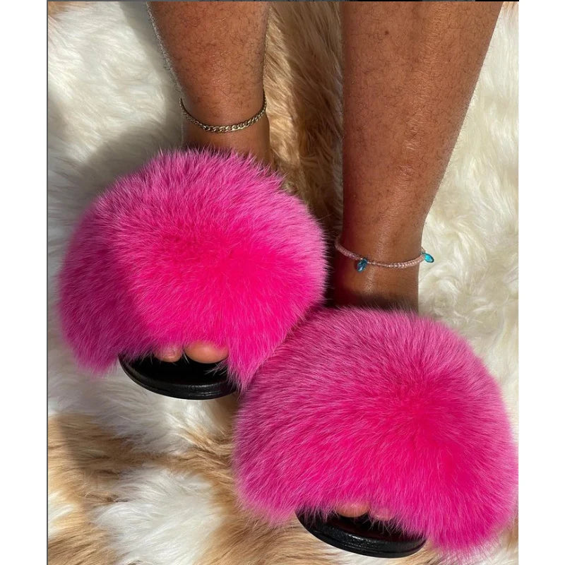 Rainbow Fur Slides Women's Furry Plush Raccoon Fox Fur Slippers Indoor Flat Non-Slip Summer Beach Flip Flops Large Size Sandals
