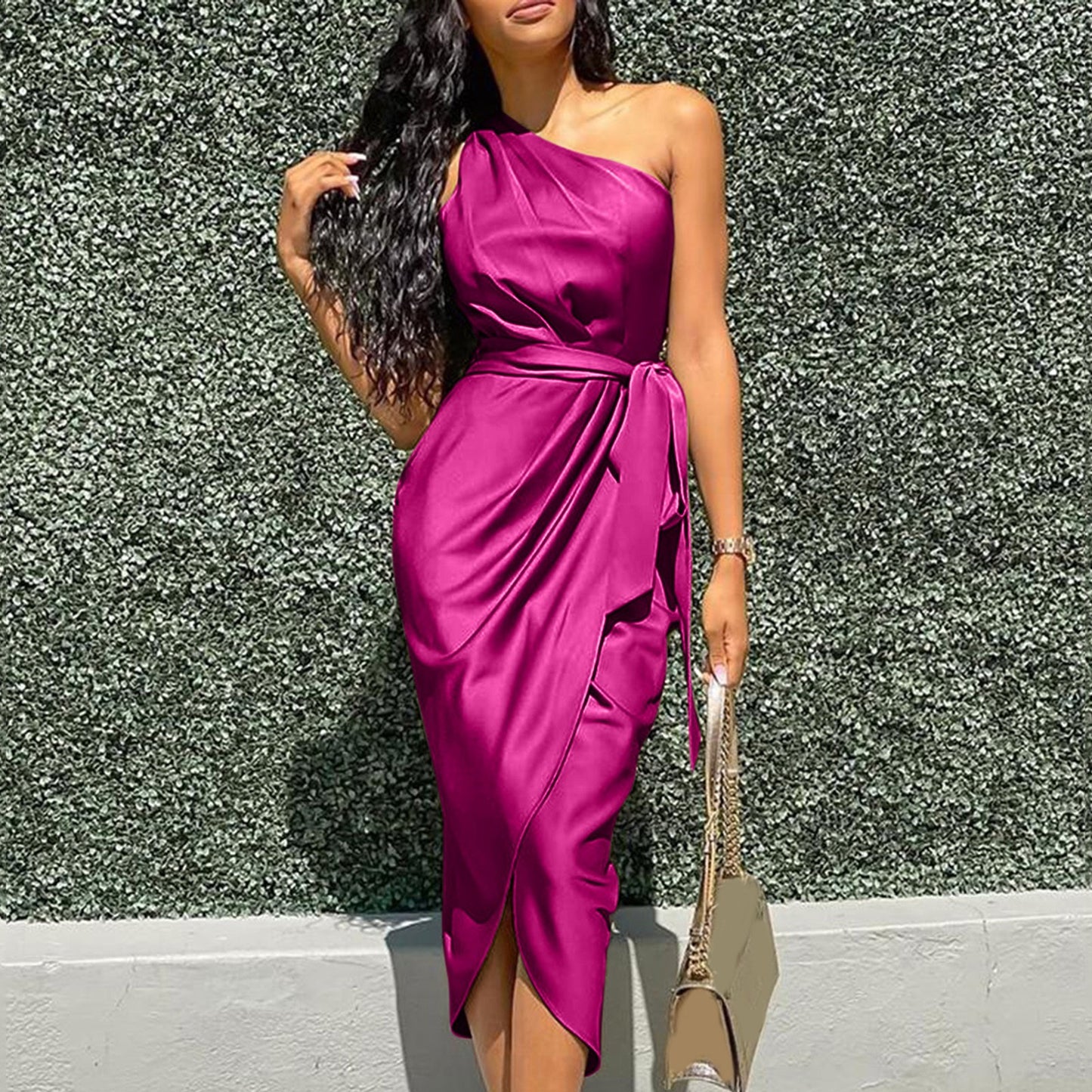 Women Prom Cocktail Dresses Sexy Solid One Shoulder Ruched Slit Belted Waist Dress Sleeveless Formal Occasion Dresses 원피스