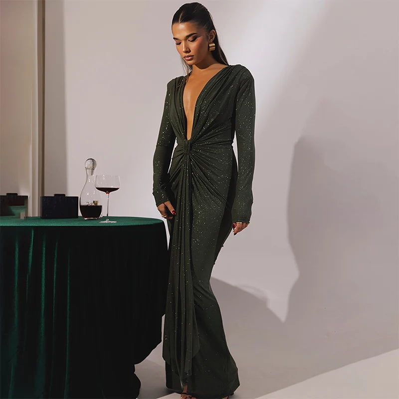 Sexy Glitter Slim Maxi Party Dress Women Deep V-neck Pleated Hip Package Bodycon Female Evening Dresses 2024 Club Lady Robes