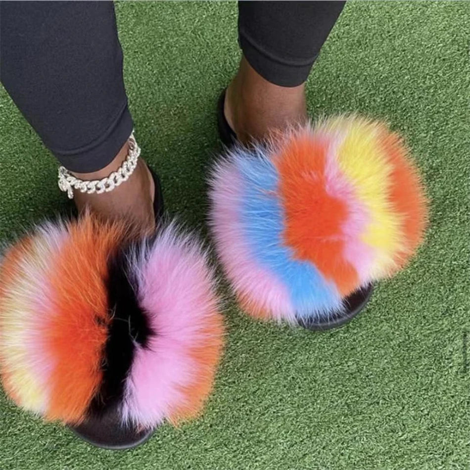 Hot Sale Summer Women Fox Fur Slippers Furry Slippers Designer Fur Slides Girls Black Fur Slides Gorgeous Big Fur Slides Sandal