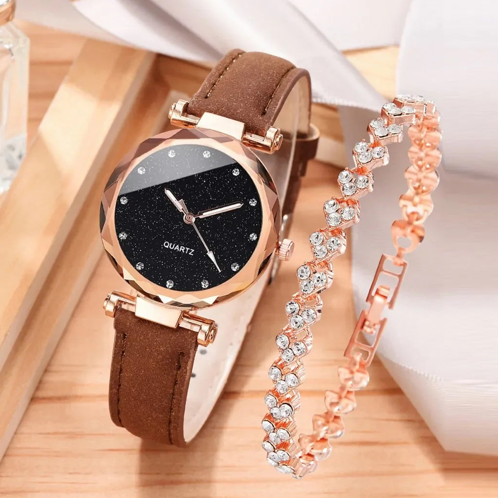 Luxury Fashion Women's Watch Set 2pcs PU Leather Strap Quartz Wristwatch with Rhinestone Rosegold Alloy Bracelet for Ladies Gift