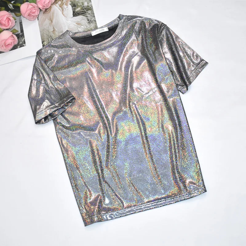Women Bright T-shirt Silk Shiny Flash Short Sleeve Female Tide Big Shirts Student Thin Glitter Reflective Fashion Lady Clothes