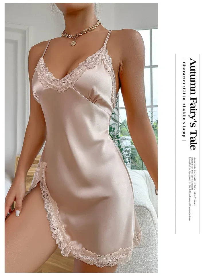 Lace Trim Leopard Nightdress V Neck Backless Side Split Slip Sleep Dress Women's Sleepwear Dresses