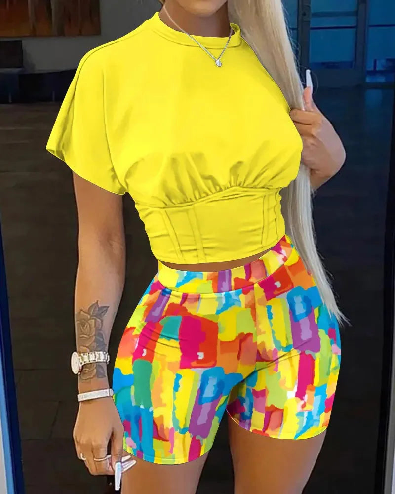 Women's Summer Casual O-Neck Short Sleeve T-shirt Shorts Set Letter Print Slim Fit Office Outfit Polyester Blend Short Set