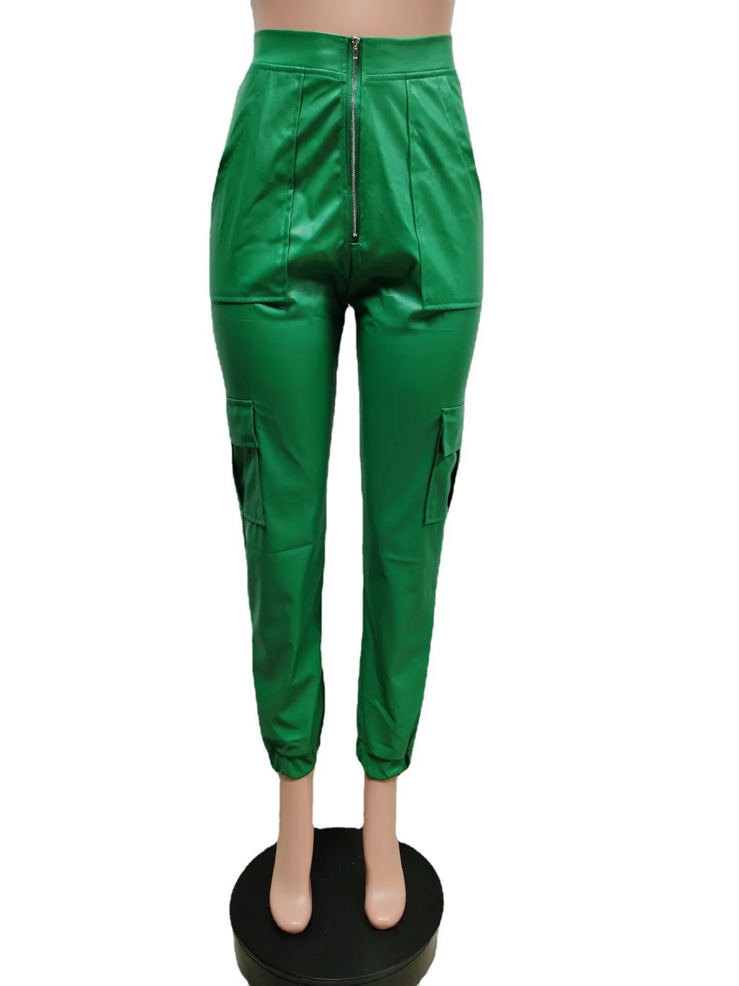 Autumn Winter Fashion Women's Trousers Faux Leather High Waisted Joggers with Zipper Multi Pocket Straight-Leg Cargo Pants