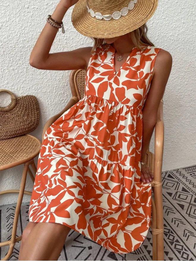 Fashion V-neck Sleeveless Boho Print Mini Dress Women Summer Casual Loose Pleats Short Dresses For Women Vestidos