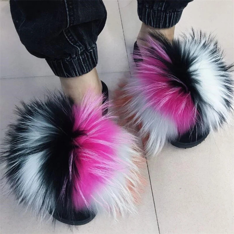 Hot Sale Summer Women Fox Fur Slippers Furry Slippers Designer Fur Slides Girls Black Fur Slides Gorgeous Big Fur Slides Sandal