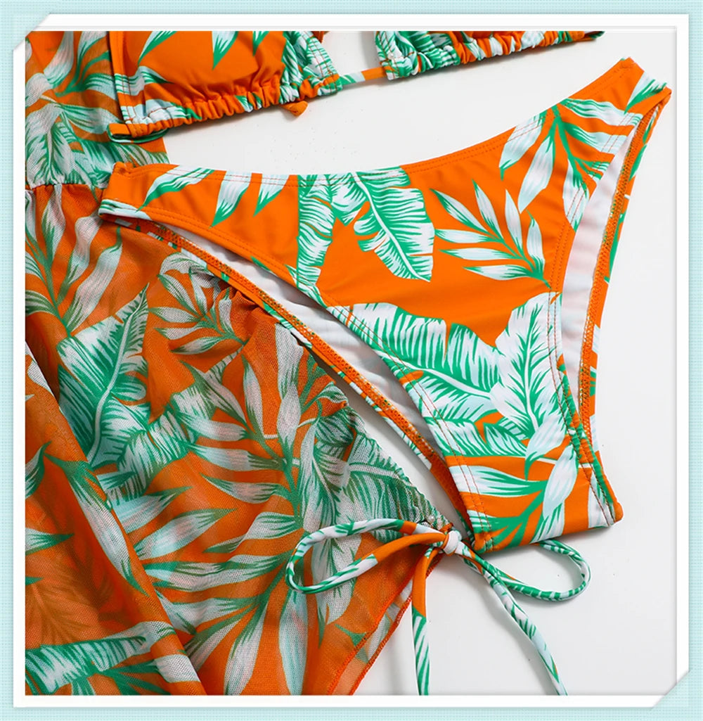 3 pieces Halter Bikini Tropical Print Swimsuit Drawstring Side Swimwear Women Long Sleeve Bathing Suit Female Swimming Beachwear