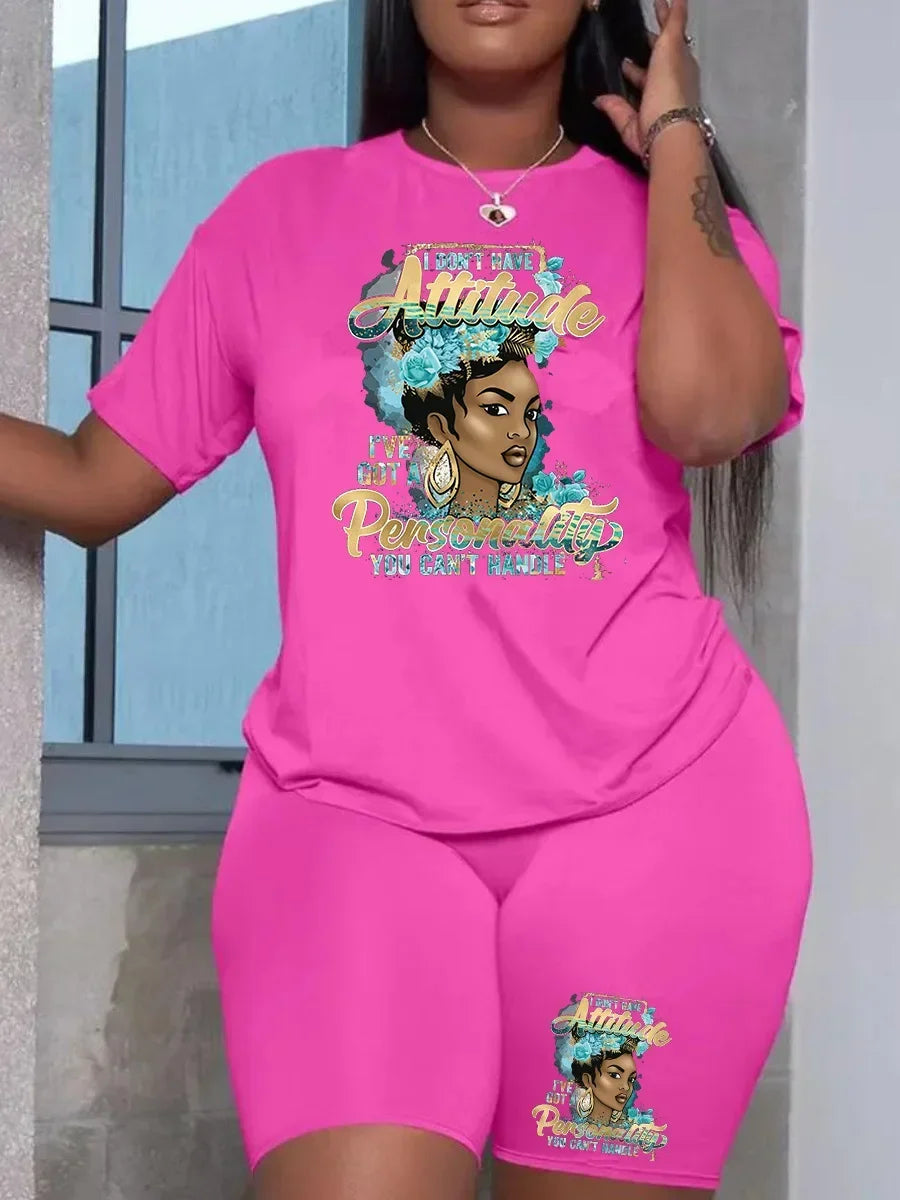 Summer Women Printing Casual T-Shirt Y2k Graphics Top Shorts Set Femme Short Sleeve Two Pieces Set Lady Daily Streetwear Outfits