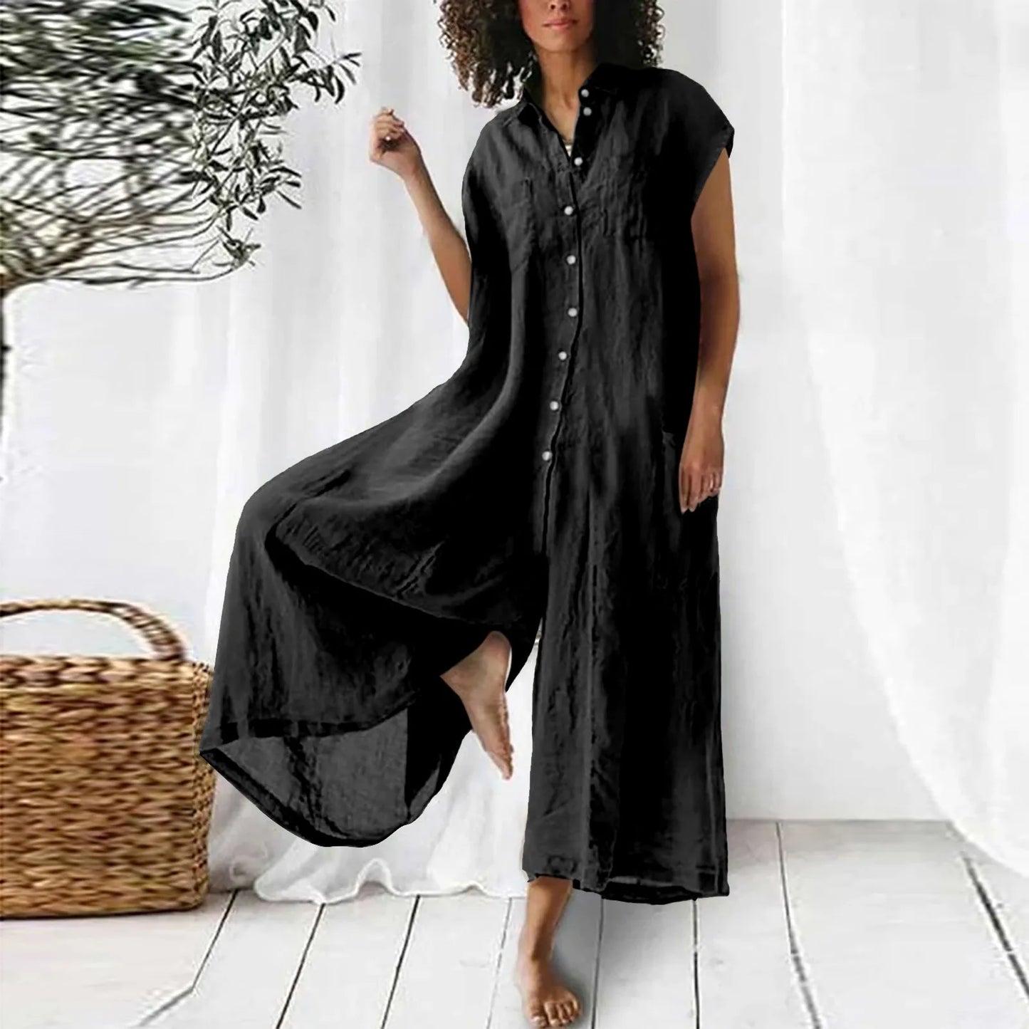 Relax Retro Loose Style Wide Leg Jumpsuits For Women Elegant Vintage Turn Down Neck Short Sleeve Boho Green Long Overalls