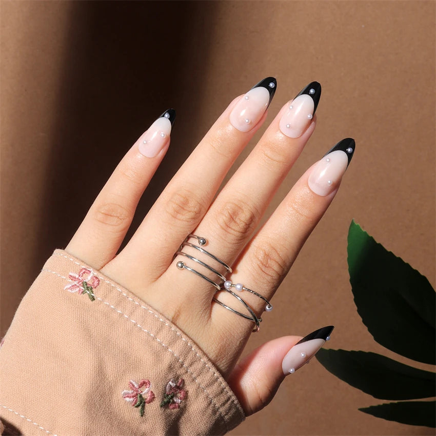 24Pcs/Set Press on Nails Gradient Point Drill Ballet Wearing False Nails Long French Stick on Nail Artificial Acrylic Fake Nails