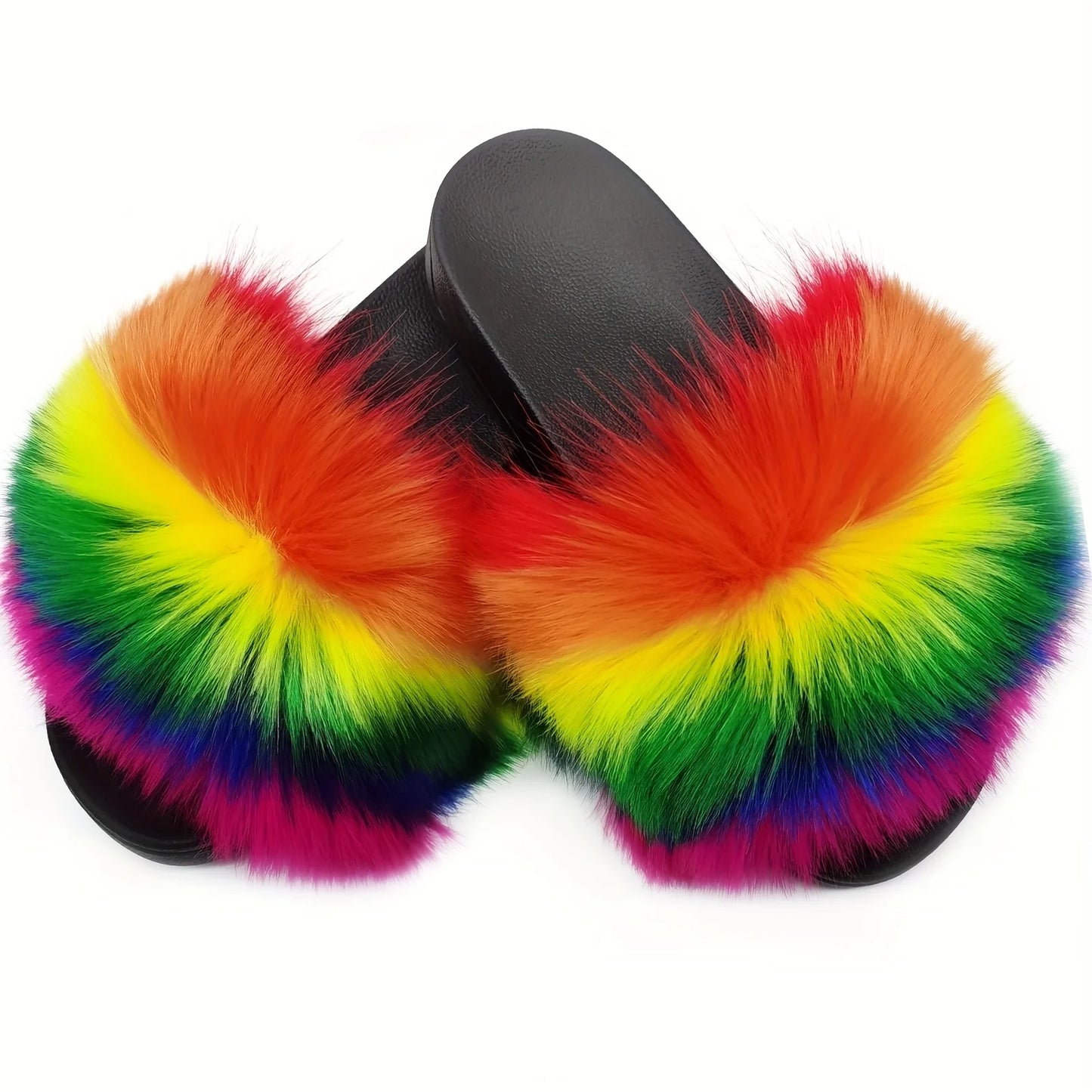 Women's Summer Rainbow Faux Fur Slippers Thick Non-slip Soles Breathable Home Fur Slides Outdoor Flip Flops Fuzzy Sandals