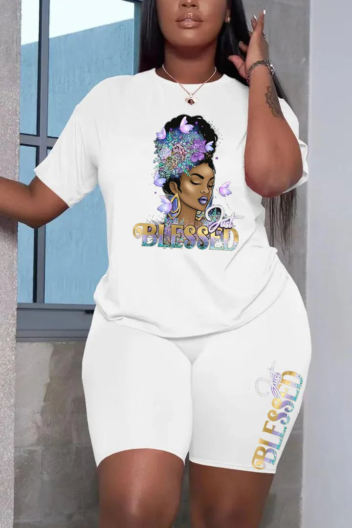Summer Women Printing Casual T-Shirt Y2k Graphics Top Shorts Set Femme Short Sleeve Two Pieces Set Lady Daily Streetwear Outfits