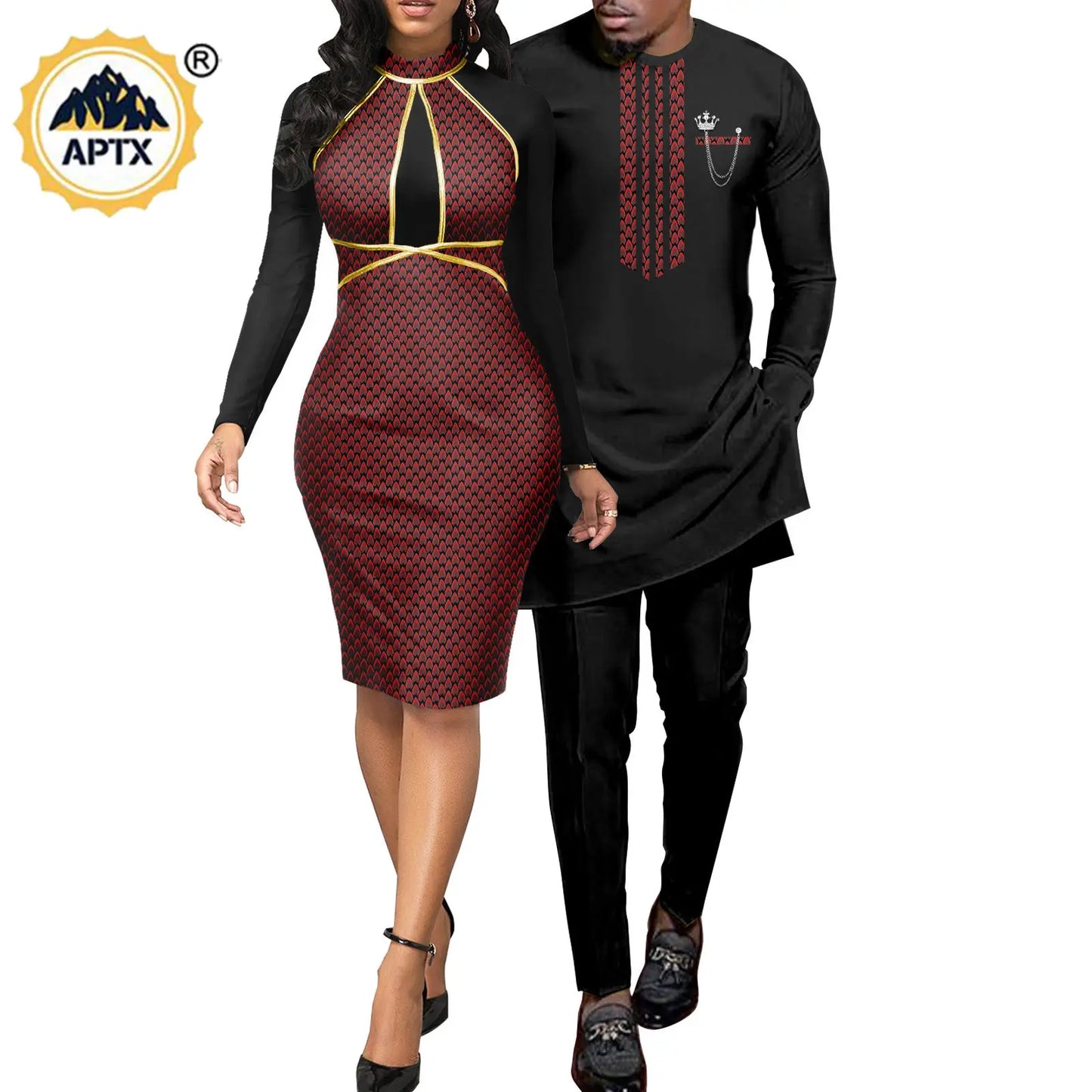 African Abaya Hip Dresses for Women Matching Couple Outfits with Bazin Riche Men's Top and Pant Set Dashiki Print