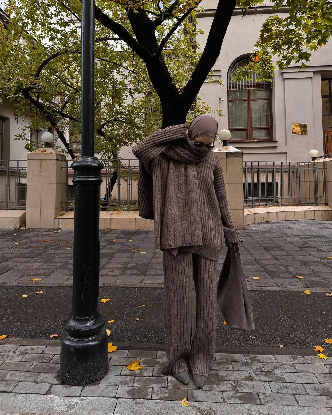 Oversize Knitted Women's Set V-Neck Full Sleeve Scarf Pullover Long Trousers Casual Loose Lady Suit for Autumn