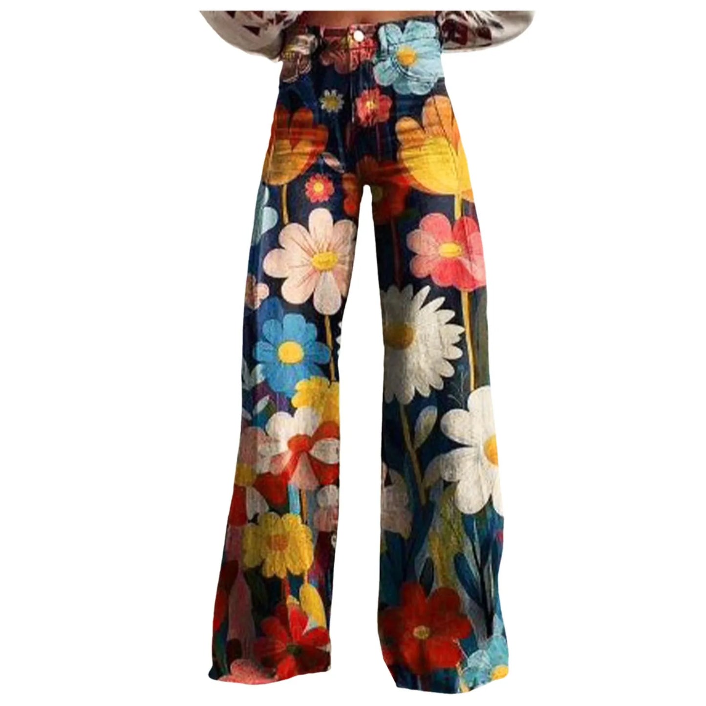 Casual Vintage Wide Leg Imitation Jeans High Waisted Women's Fashion Loose Fit Denim Pants with 90s Floral Print and Pocket Button