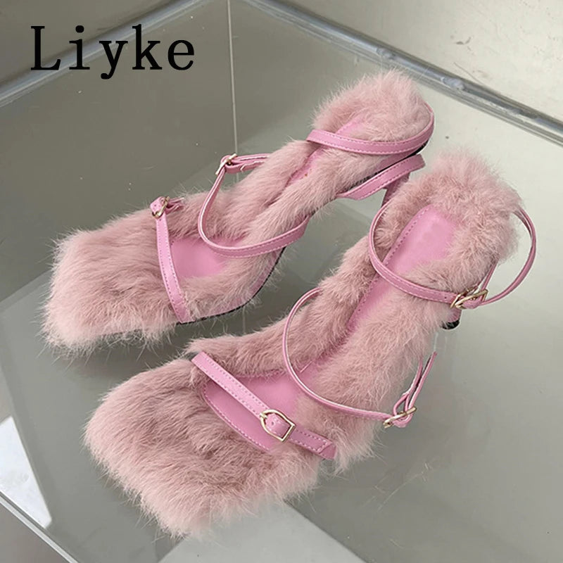 Liyke Size 35-40 Summer Party Dress Pink Sandals Women 2025 Fashion Fur Feather Thin High Heels Square Toe Buckle Strap Shoes