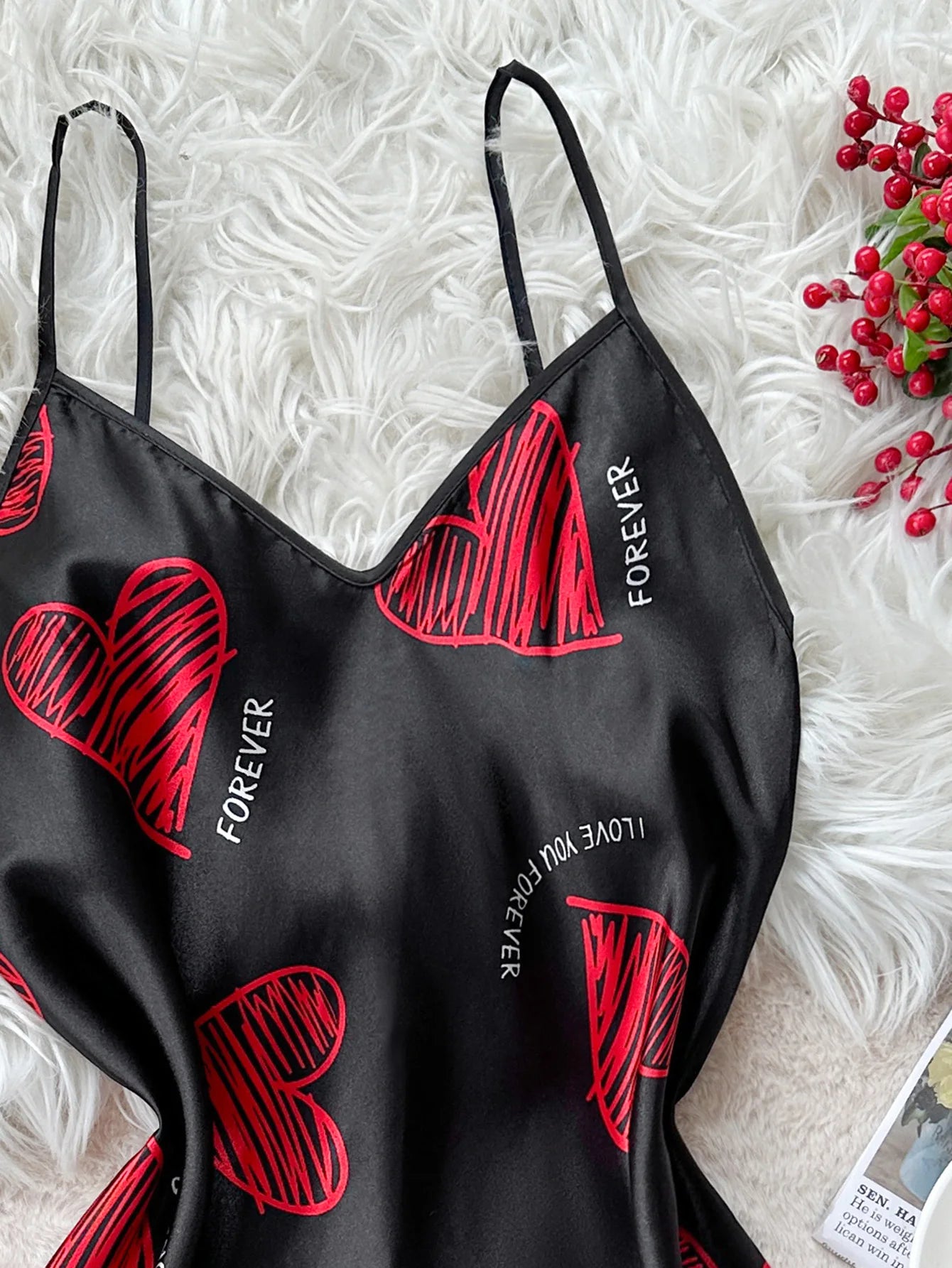 Women's Red Lip Print Satin Nightdress V Neck Backless Mini Sleep Dress Valentine's Day Theme Sleepwear Polyester above Knee