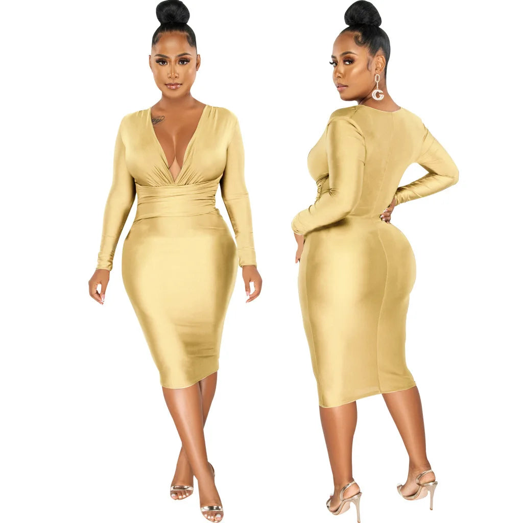 CM.YAYA Women V-neck Elegant Long Sleeve Midi Dress 2024 Winter Ruched OL Streetwear Africa Party Club Dresses Vestidos