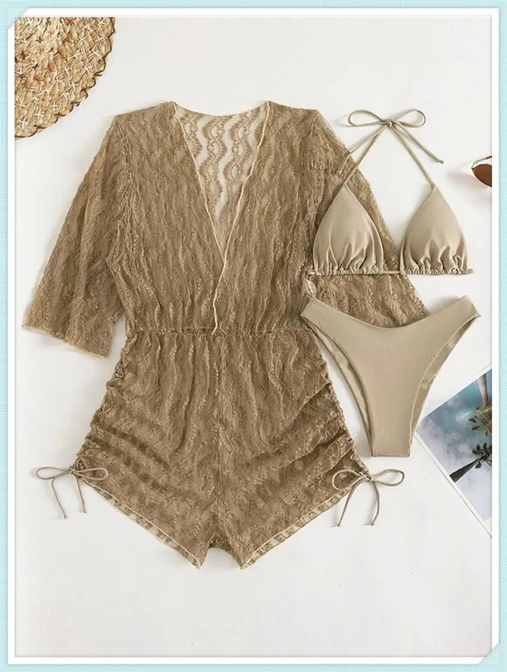 3 pieces Halter Bikini Tropical Print Swimsuit Drawstring Side Swimwear Women Long Sleeve Bathing Suit Female Swimming Beachwear