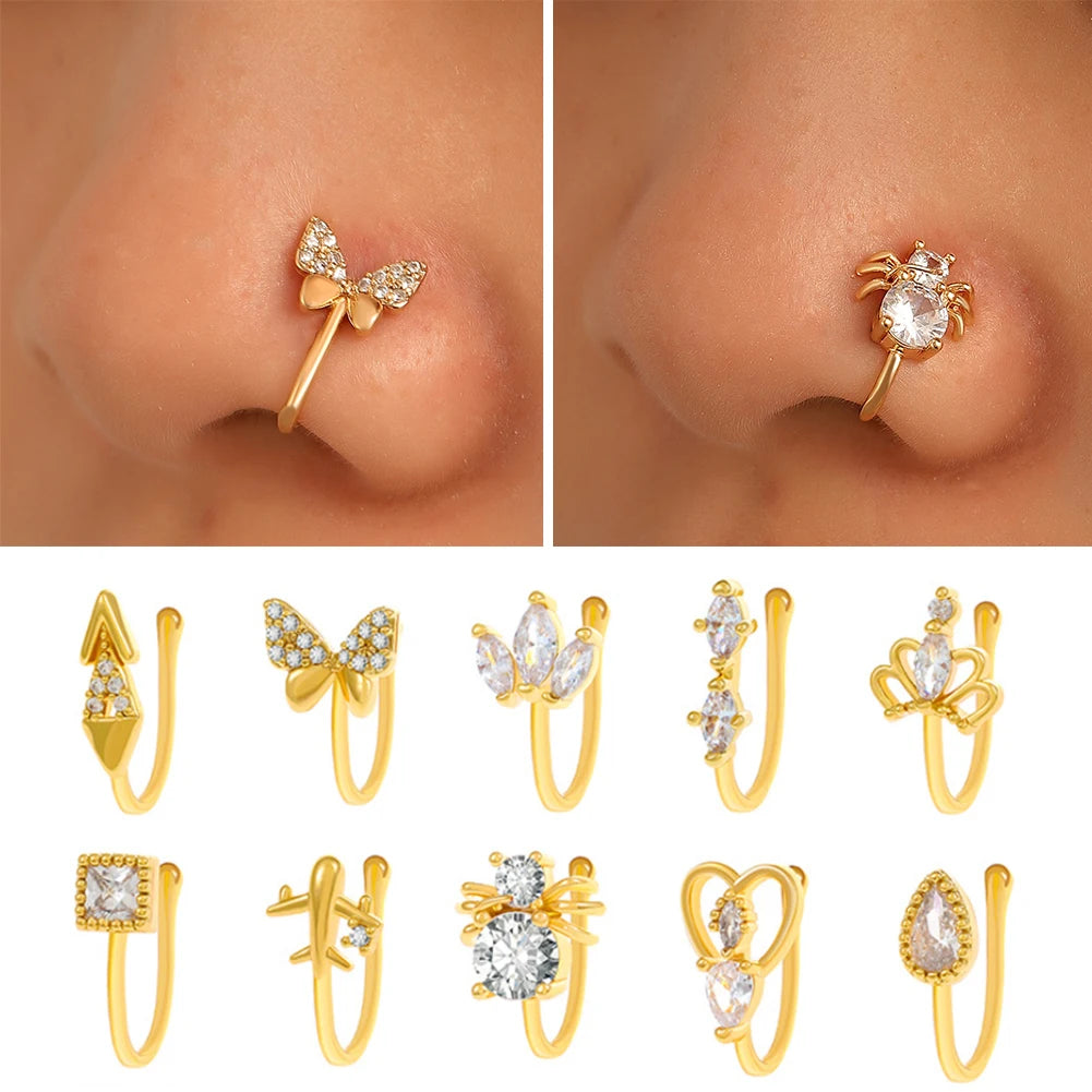 1PC Copper Fake Piercing Nose Ring Butterfly Crown Clip On Nose Ear Clip Cuff Earrings for Women Kids Gift Body Jewelry nariz