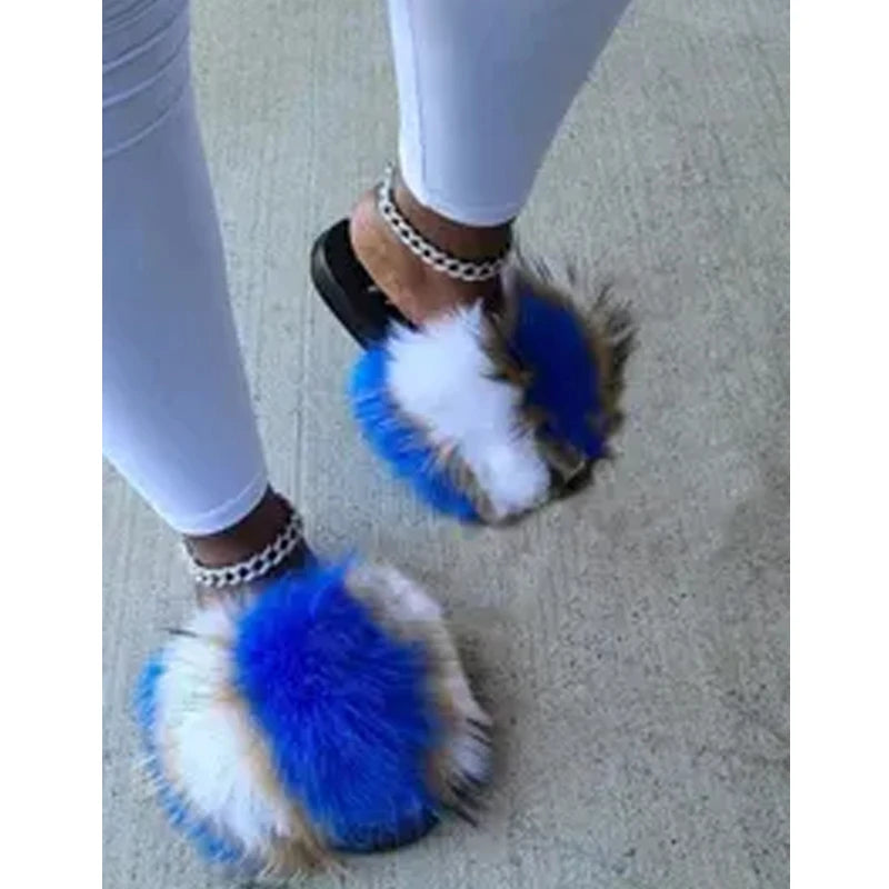 Rainbow Fur Slides Women's Furry Plush Raccoon Fox Fur Slippers Indoor Flat Non-Slip Summer Beach Flip Flops Large Size Sandals