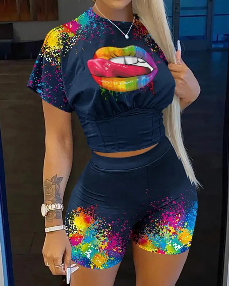 Women's Summer Casual O-Neck Short Sleeve T-shirt Shorts Set Letter Print Slim Fit Office Outfit Polyester Blend Short Set