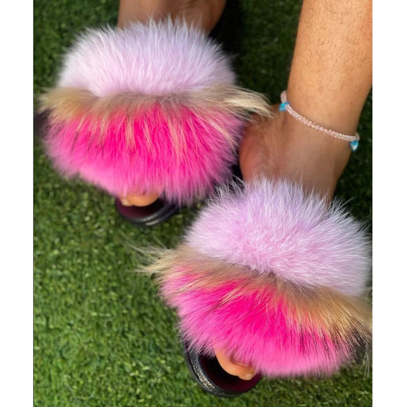 Rainbow Fur Slides Women's Furry Plush Raccoon Fox Fur Slippers Indoor Flat Non-Slip Summer Beach Flip Flops Large Size Sandals