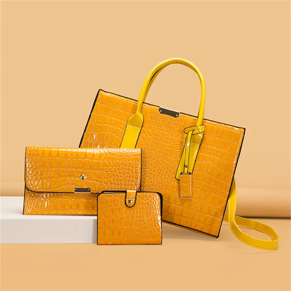 3 Sets Tote Sac Vintage Crocodile Pattern Patent Leather Luxury Handbags Brand Designer Large Capacity Shoulder Messenger Bag