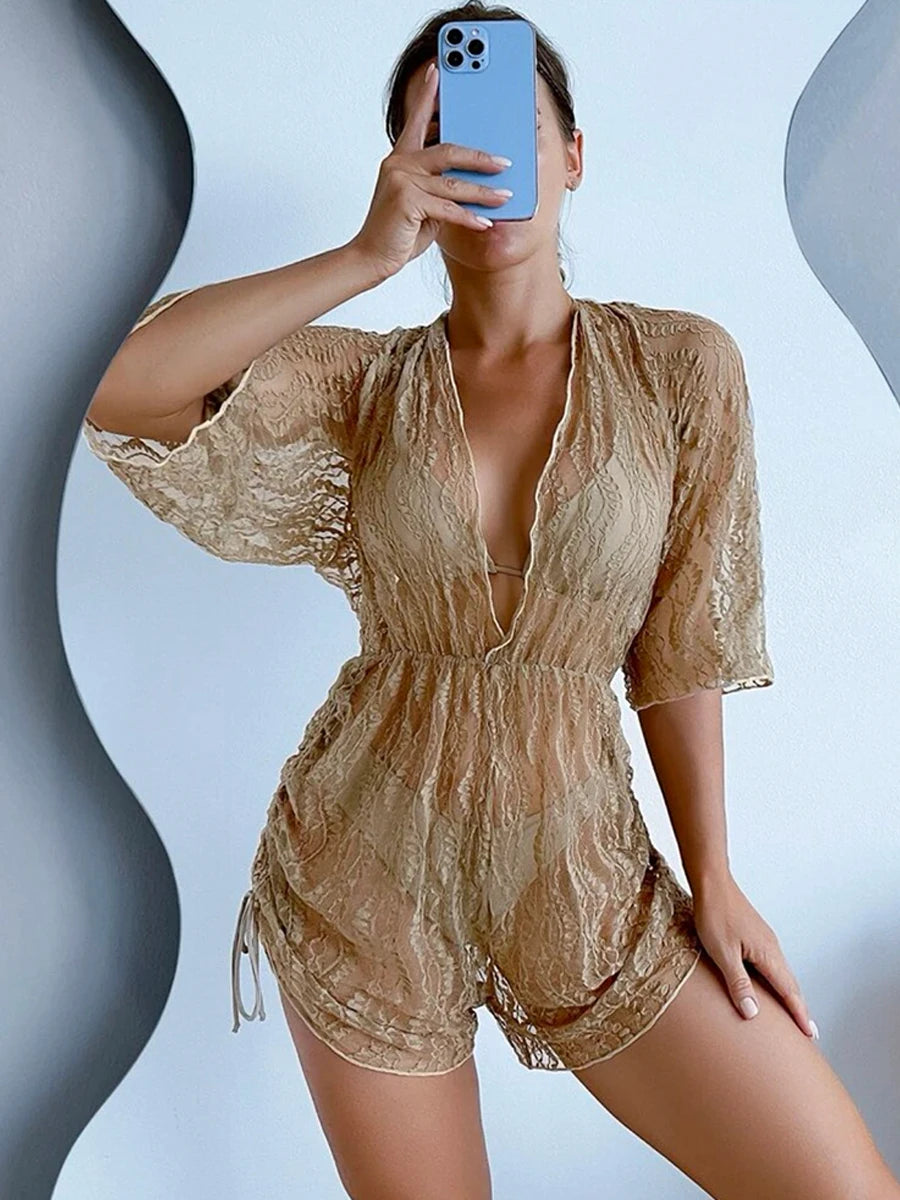 3 pieces Halter Bikini Tropical Print Swimsuit Drawstring Side Swimwear Women Long Sleeve Bathing Suit Female Swimming Beachwear