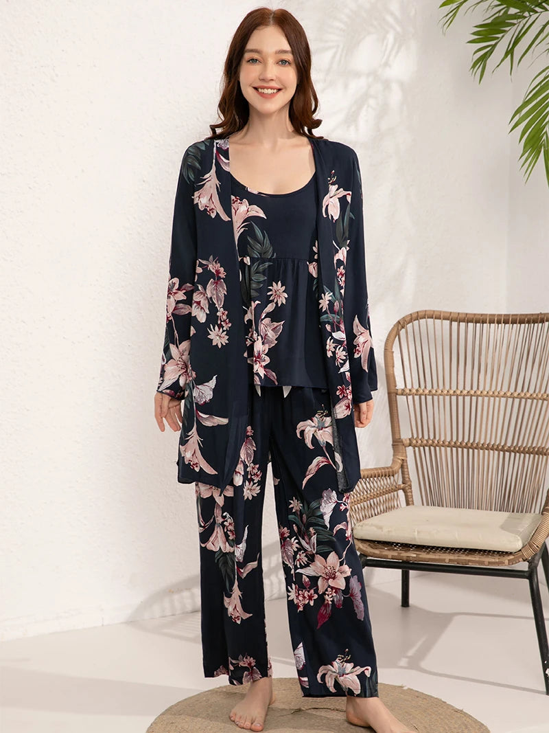 Women's Pajams Set 3 Pieces 100% Viscose Home Pijima Loose Set Sleepwear Printed Plus Size S-3XL Loose Comfortable Female Pijima