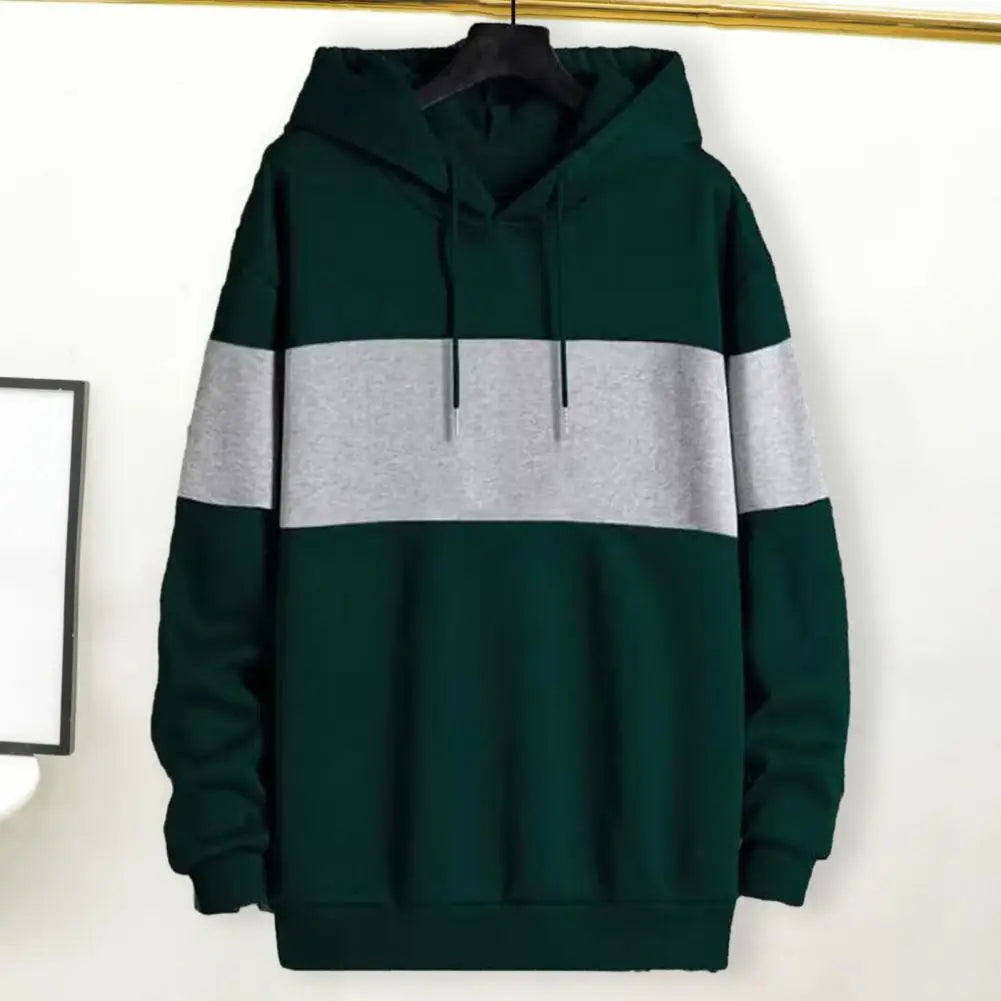 Men Autumn Winter Hoodie Plush Color Matching Drawstring Sweatshirt Loose Pullover Elastic Cuff Warm Soft Mid Length Men Hoodie