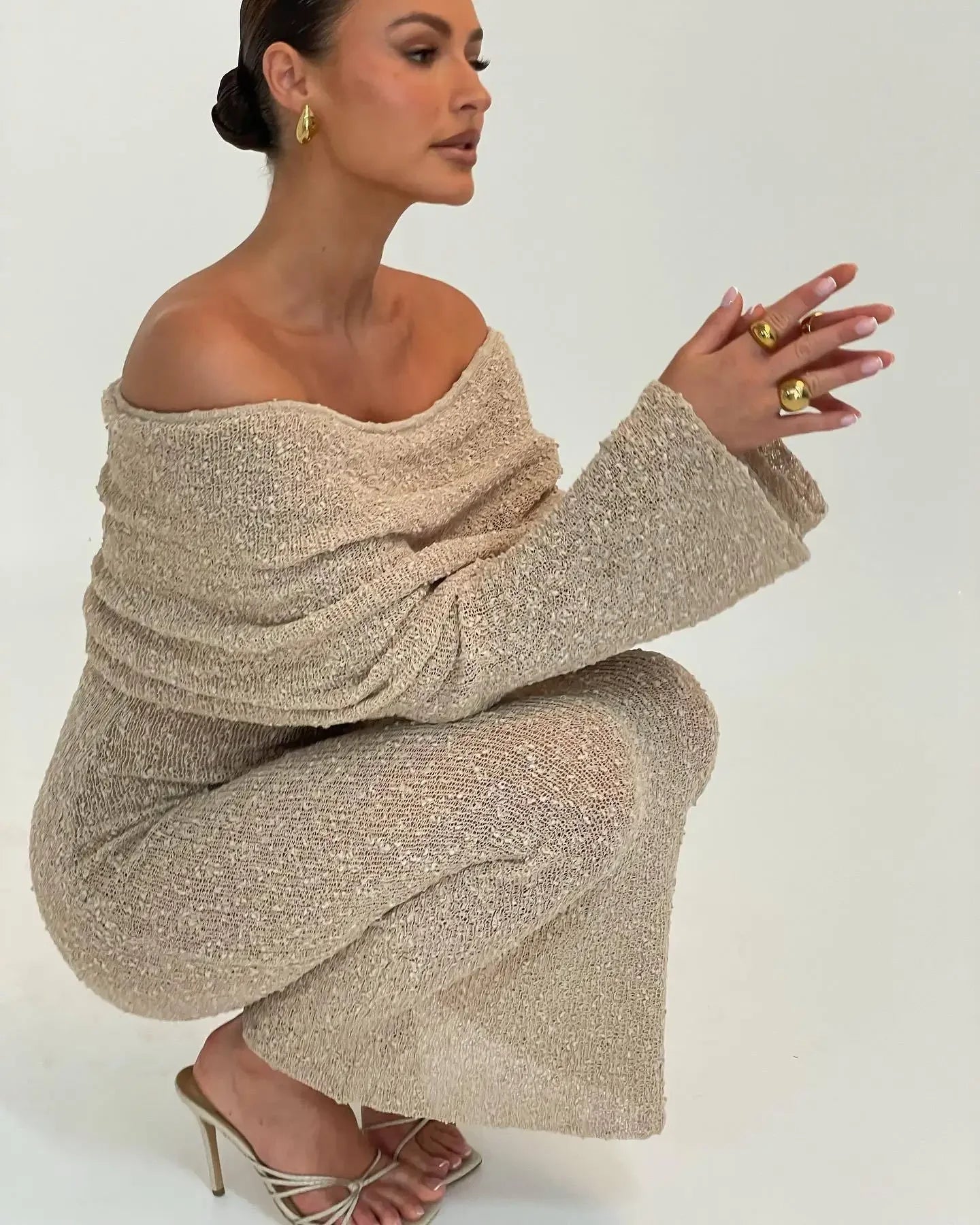 Knit Hollow Out Off-Shoulder Maxi Dress Female Cover up Loose Long Sleeve Holiday Beach Party Dress Women Knitwear Dress