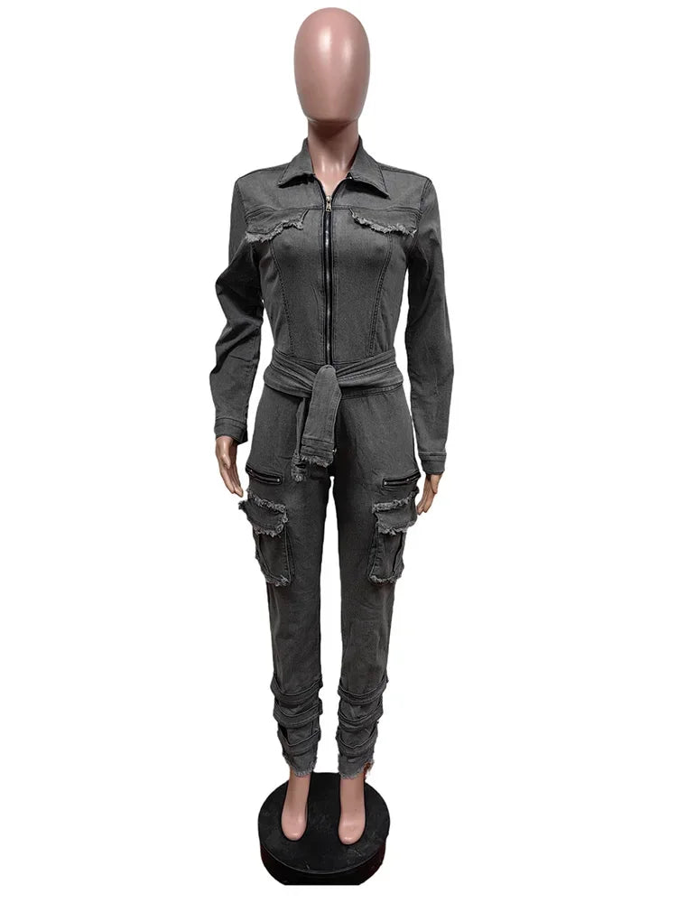 Autumn New Half Zipper Lace-up Denim Jumpsuit Women's Fashion Long Sleeve Elastic Slim Raw Trim Pocket Cargo Pants