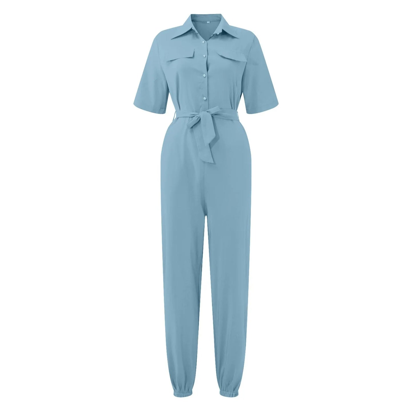 Women's Casual Lapel Lace-Up Printed Belt Short Sleeve Jumpsuit Summer Fashion Workwear Keep Short Eye Catching Junior Size