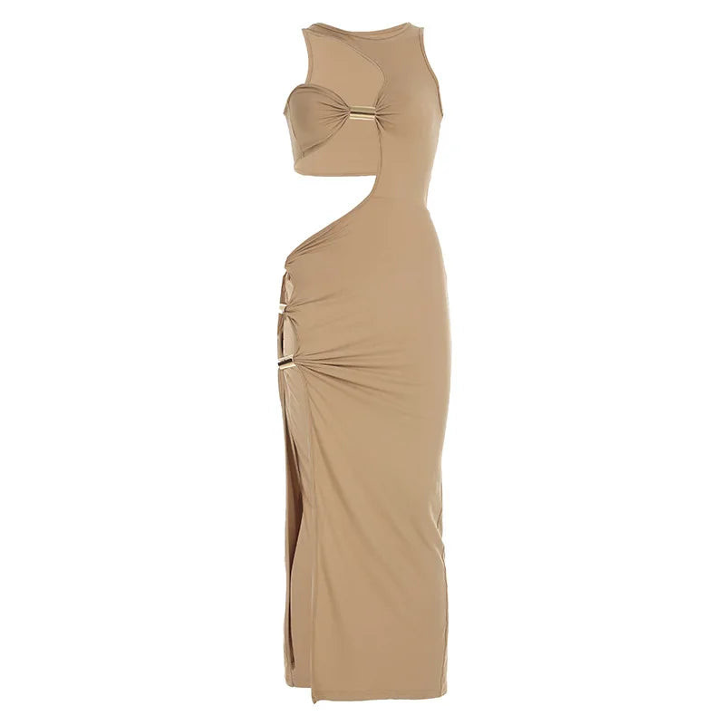 Sexy Slim Fit Maxi Dress with Metal Buckles Hollow Out Split Bodycon Style for Women O-neck Sleeveless Backless Party Clubwear