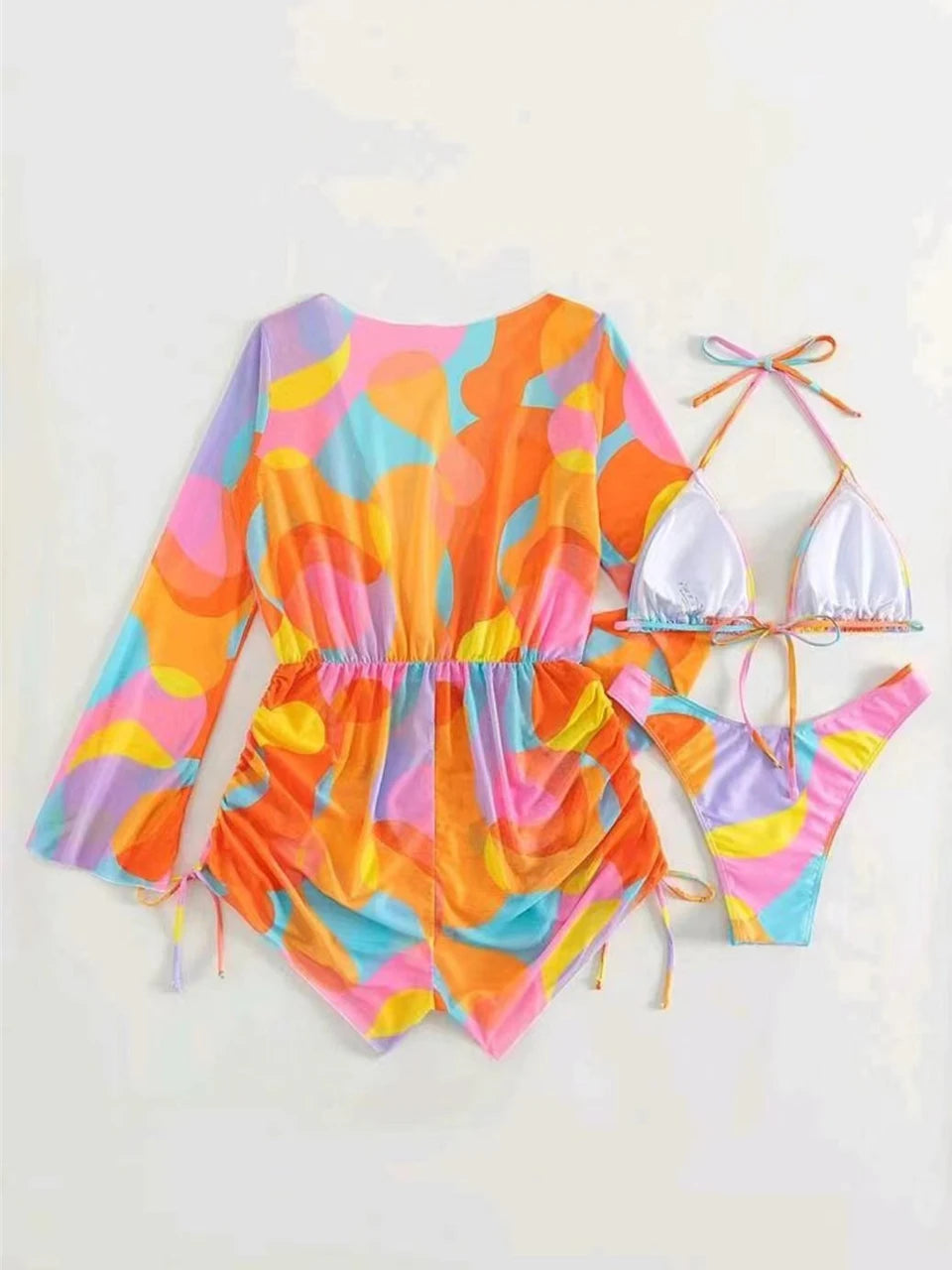 3 pieces Halter Bikini Tropical Print Swimsuit Drawstring Side Swimwear Women Long Sleeve Bathing Suit Female Swimming Beachwear